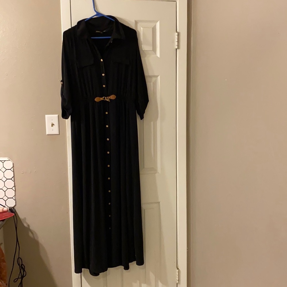 Long black dress with gold buttons